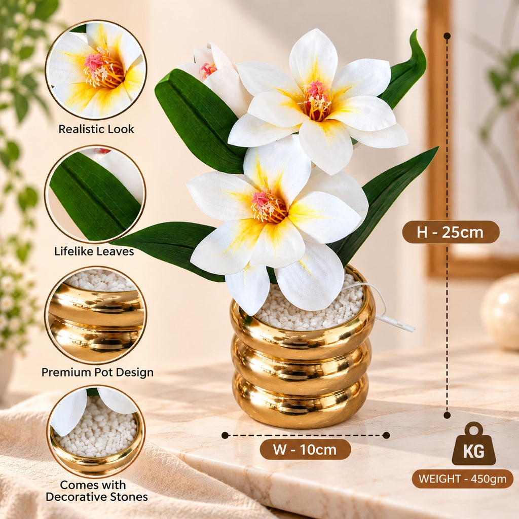 Artificial White Flower Pot with Golden Decorative Vase