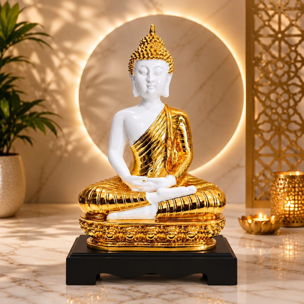 Golden & White Buddha Statue 13 x 7.5 Inch Decorative Idol for Home Décor