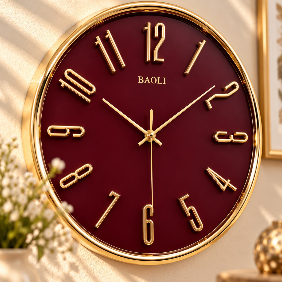 Burgundy and Golden Decorative Analog Wall Clock