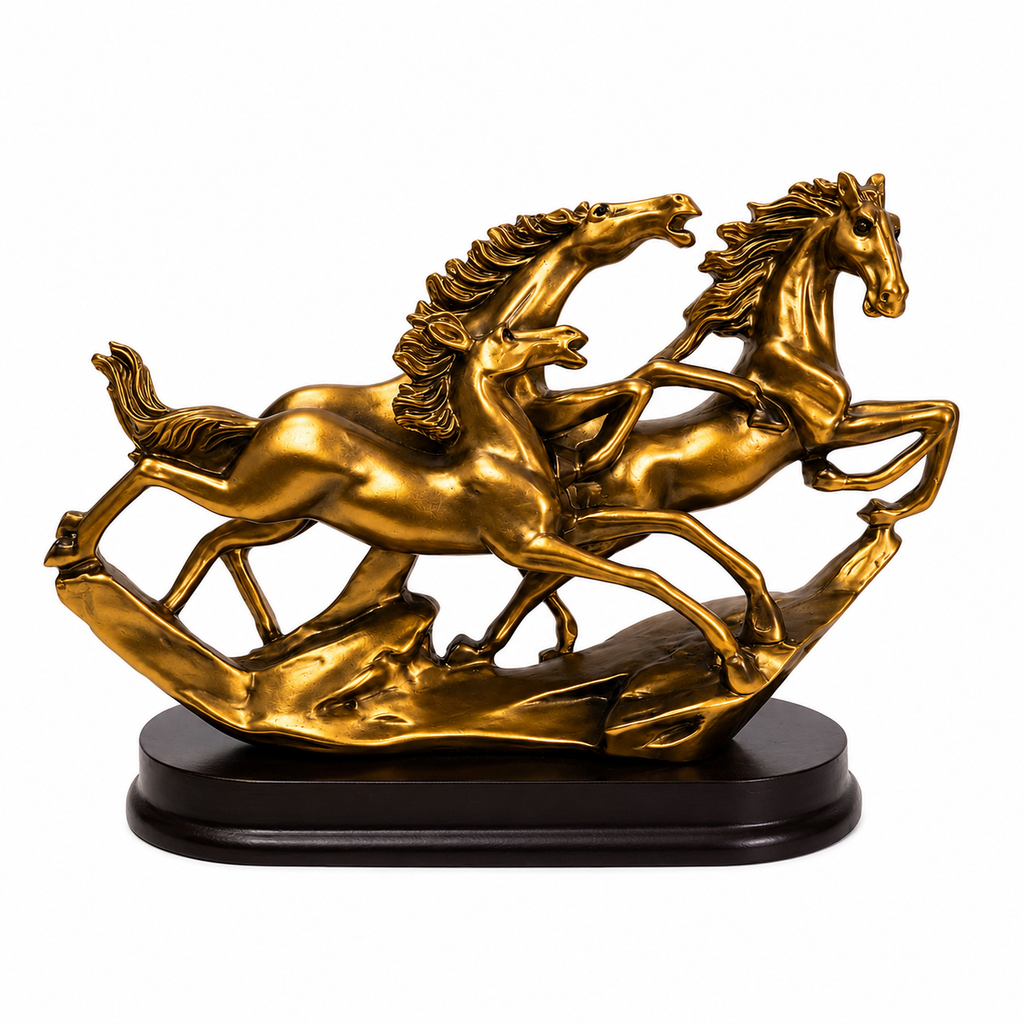 Three Horses Showpiece 6 x 6.5 Inch Golden Horse Figurine with Black Base
