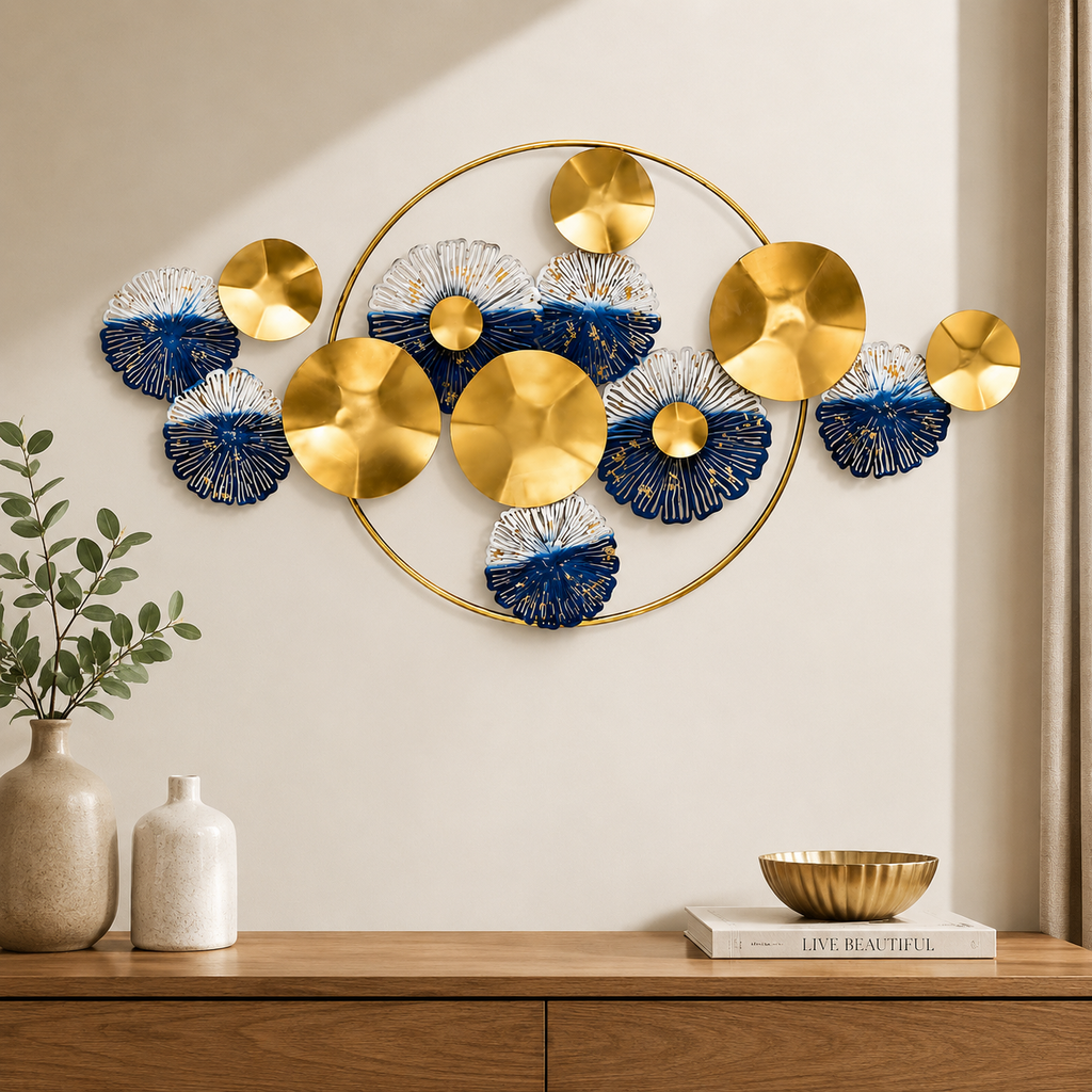 Luxury Metal Wall Art 30×50 Inch | Gold & Blue Iron Wall Decor for Living Room