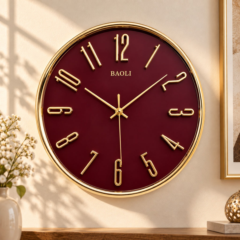 Burgundy and Golden Decorative Analog Wall Clock