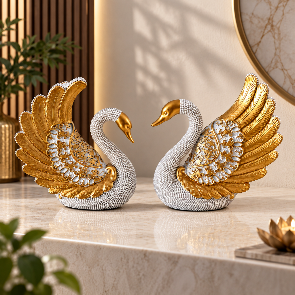 White Swan Decorative Showpiece Set with Gold Detailing | Elegant Swan Couple Figurines