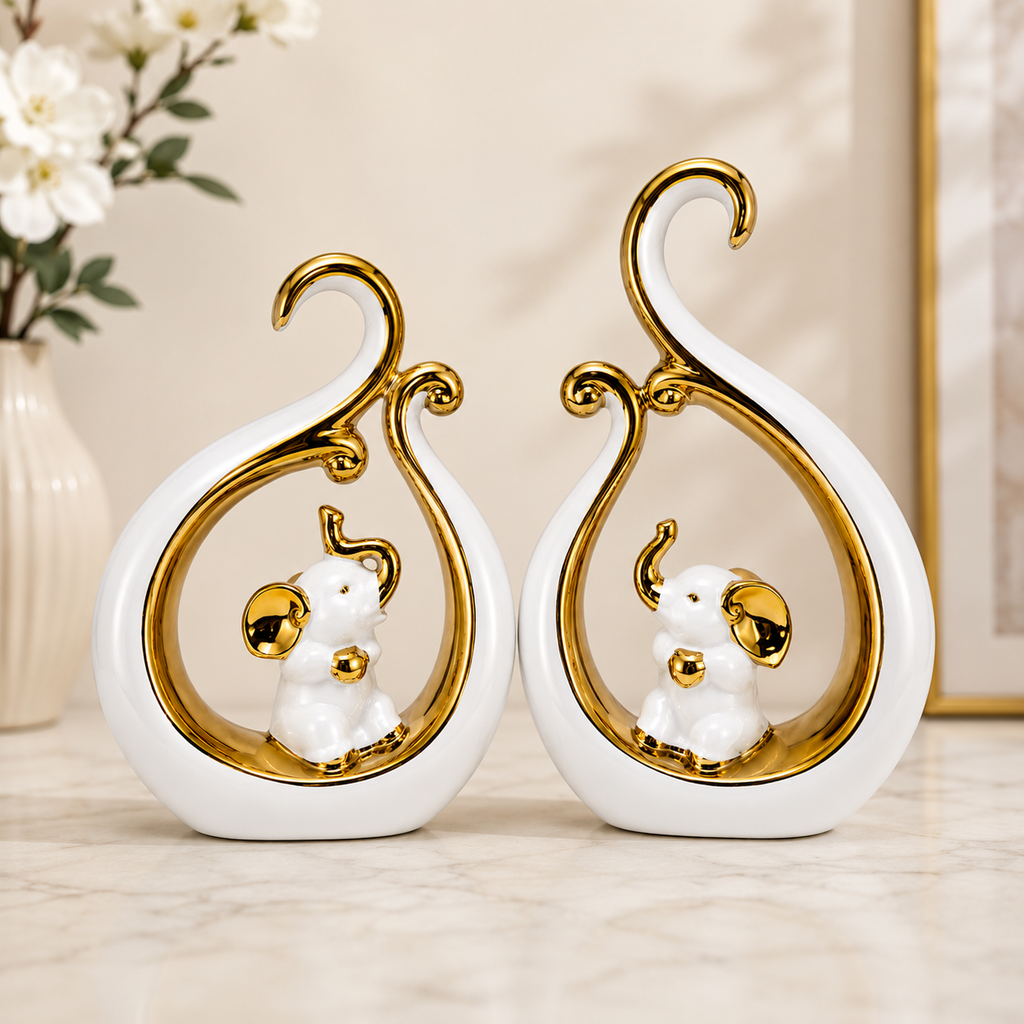 White & Golden Elephant Couple Showpiece for Home & Office Décor