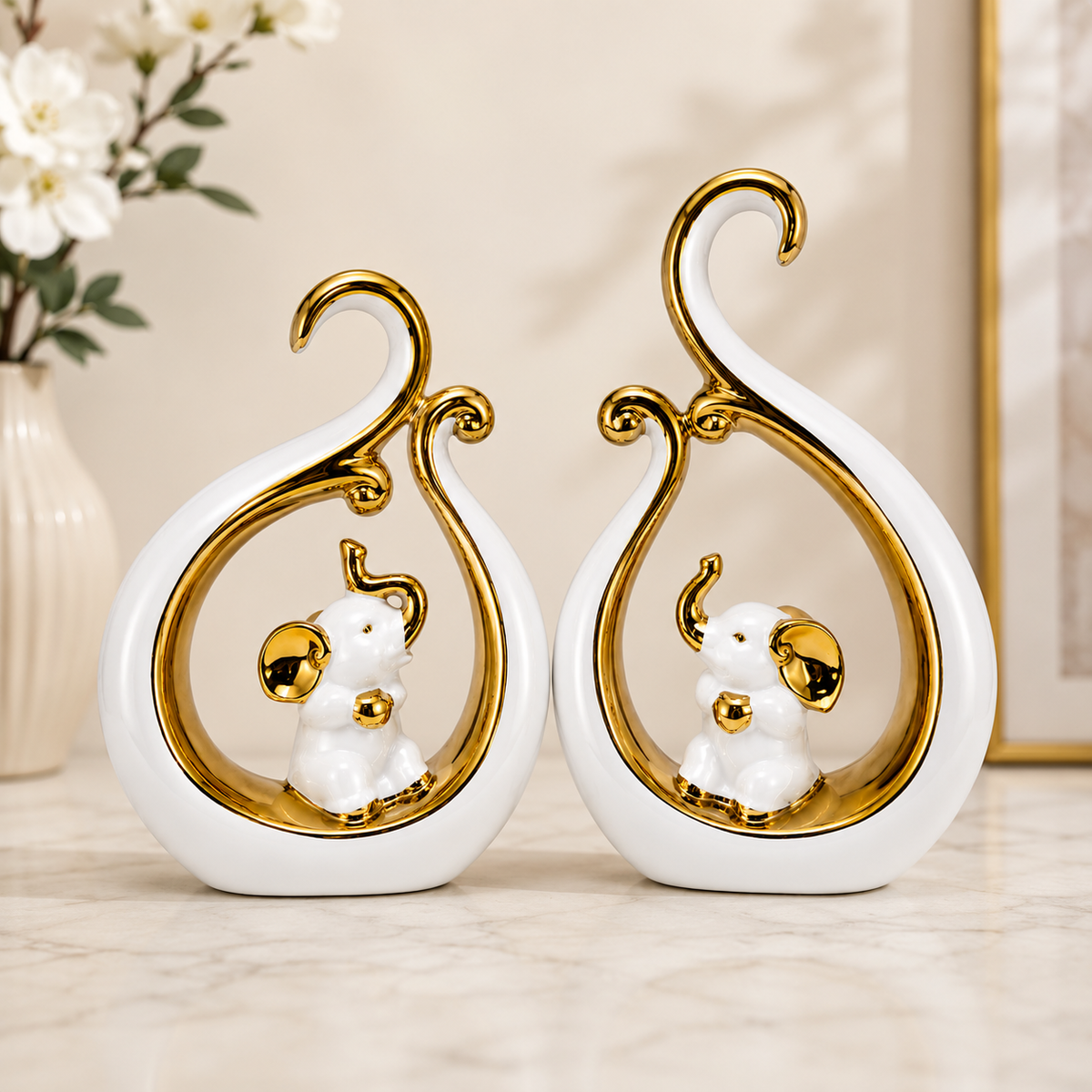 White & Golden Elephant Couple Showpiece for Home & Office Décor