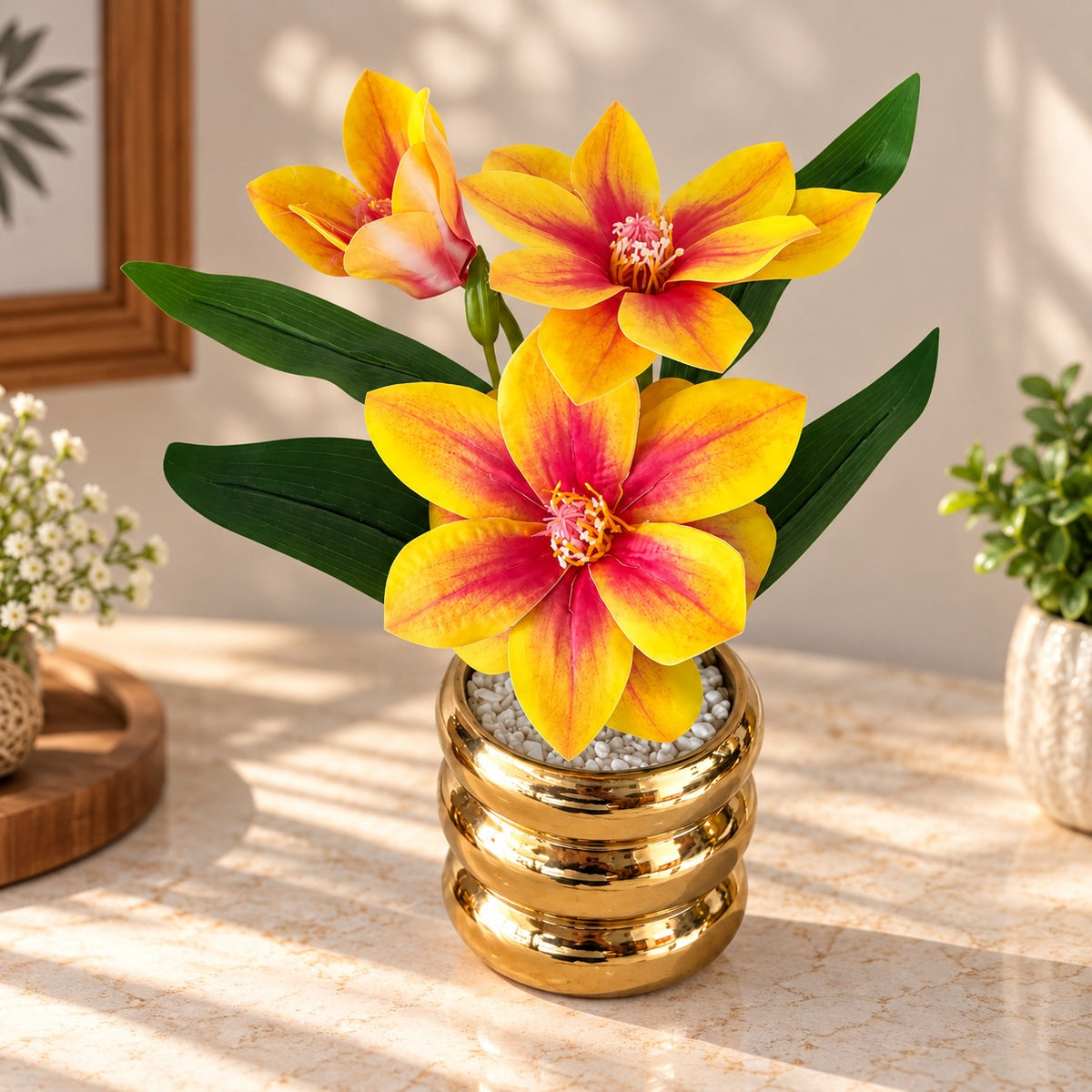 Artificial Yellow and Pink Flower Pot with Golden Decorative Vase