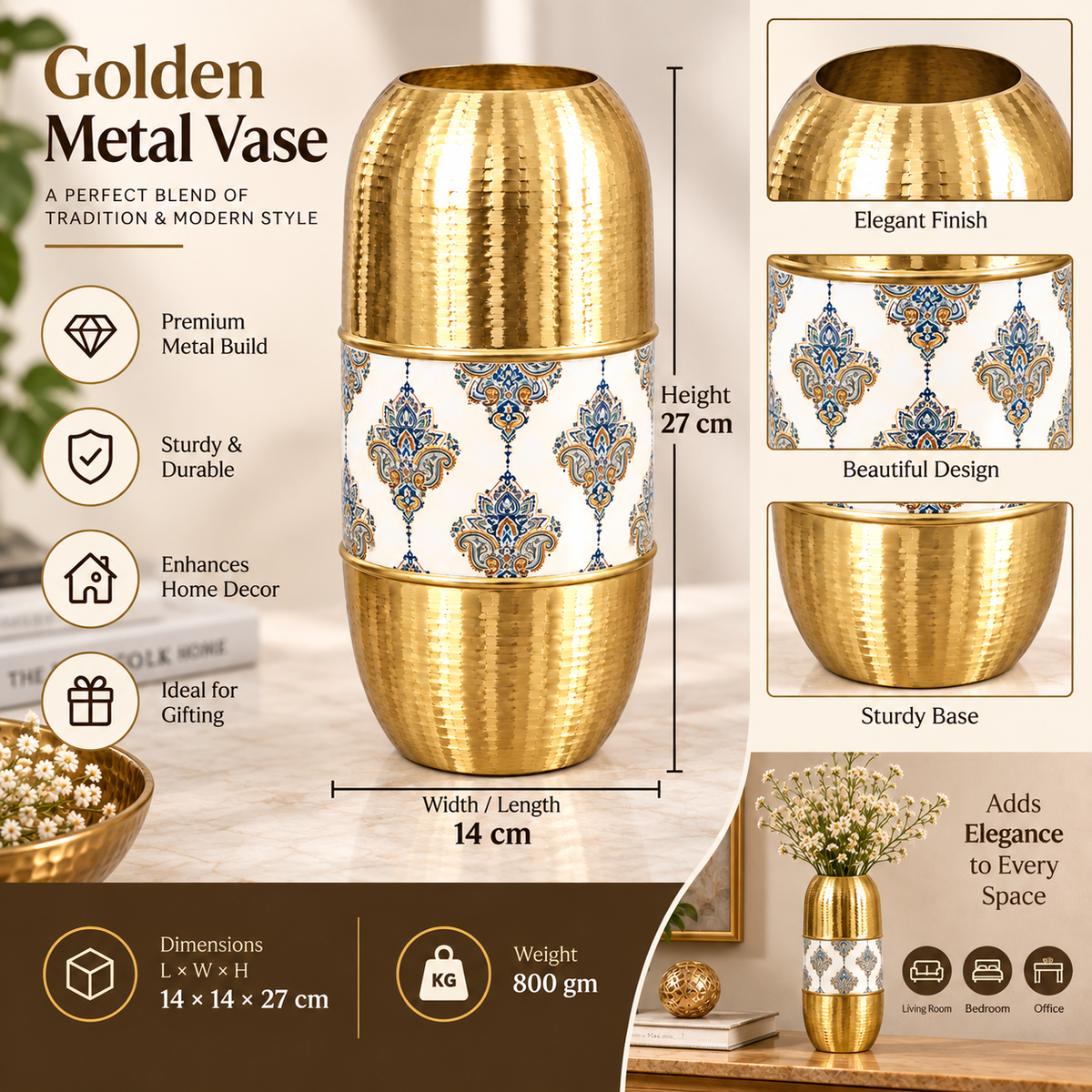 Golden Metal Decorative Vase with Hammered Finish & Premium Pattern for Home Decor