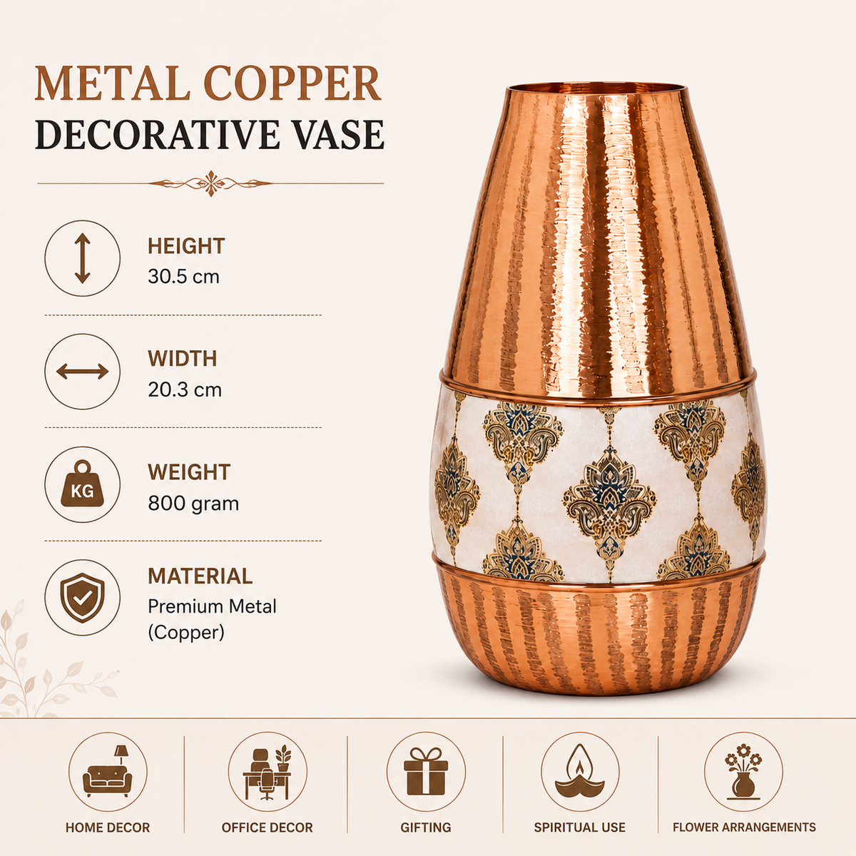 Metal Copper Vase 30.5cm | Decorative Copper Finish Vase for Home & Table Décor
