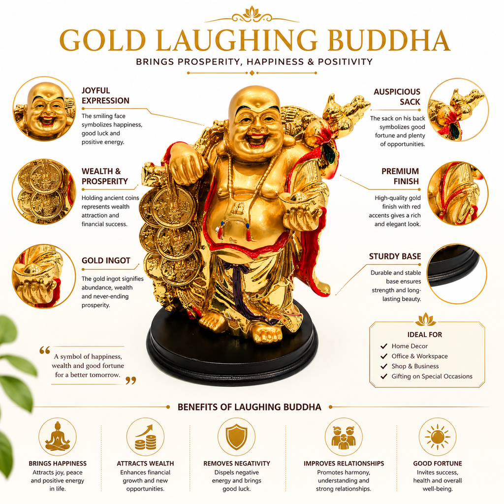 Gold Laughing Buddha Statue Resin Idol | 14 x 10.5 cm Home Décor & Gifting