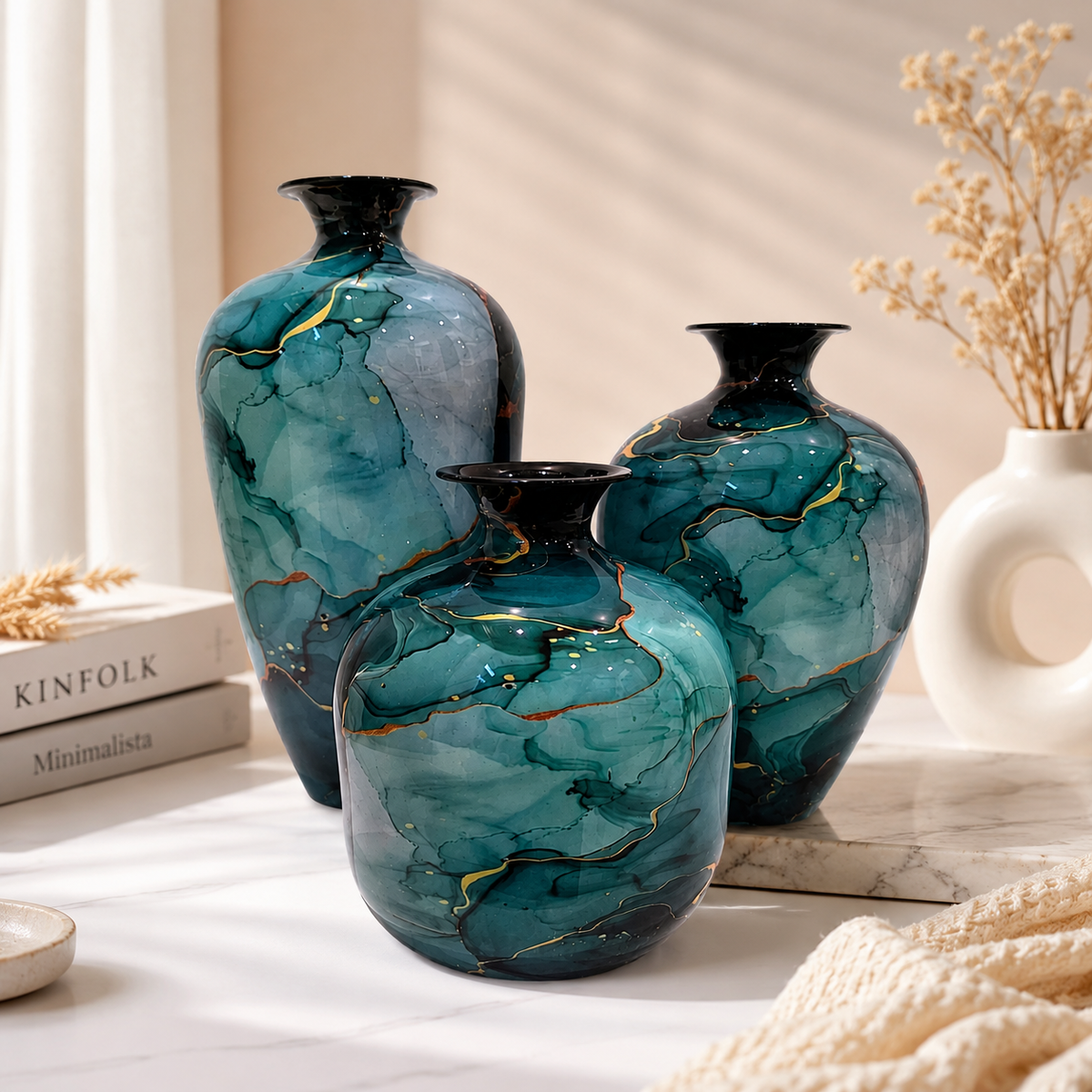 Premium Metal Vase Set of 3 | Teal Blue Abstract Marble Finish Decorative Vases