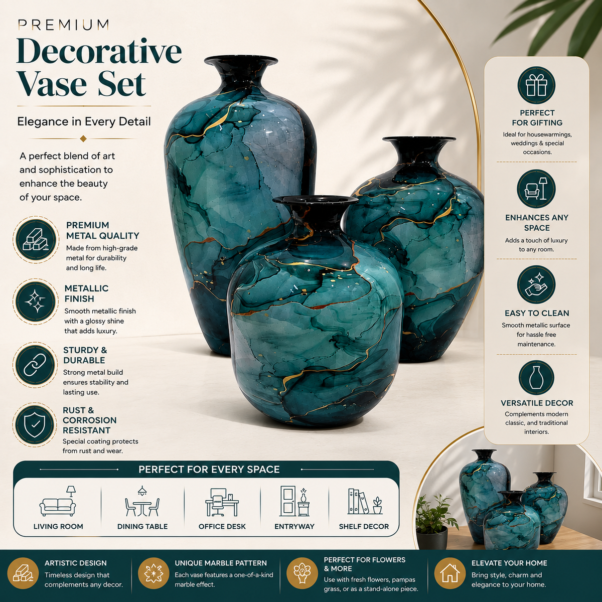 Premium Metal Vase Set of 3 | Teal Blue Abstract Marble Finish Decorative Vases