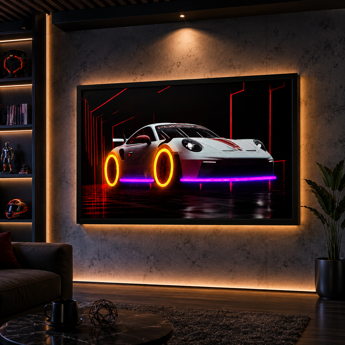 Neon Light Porsche Car Wall Painting | Luxury Sports Car Wall Art & Decor