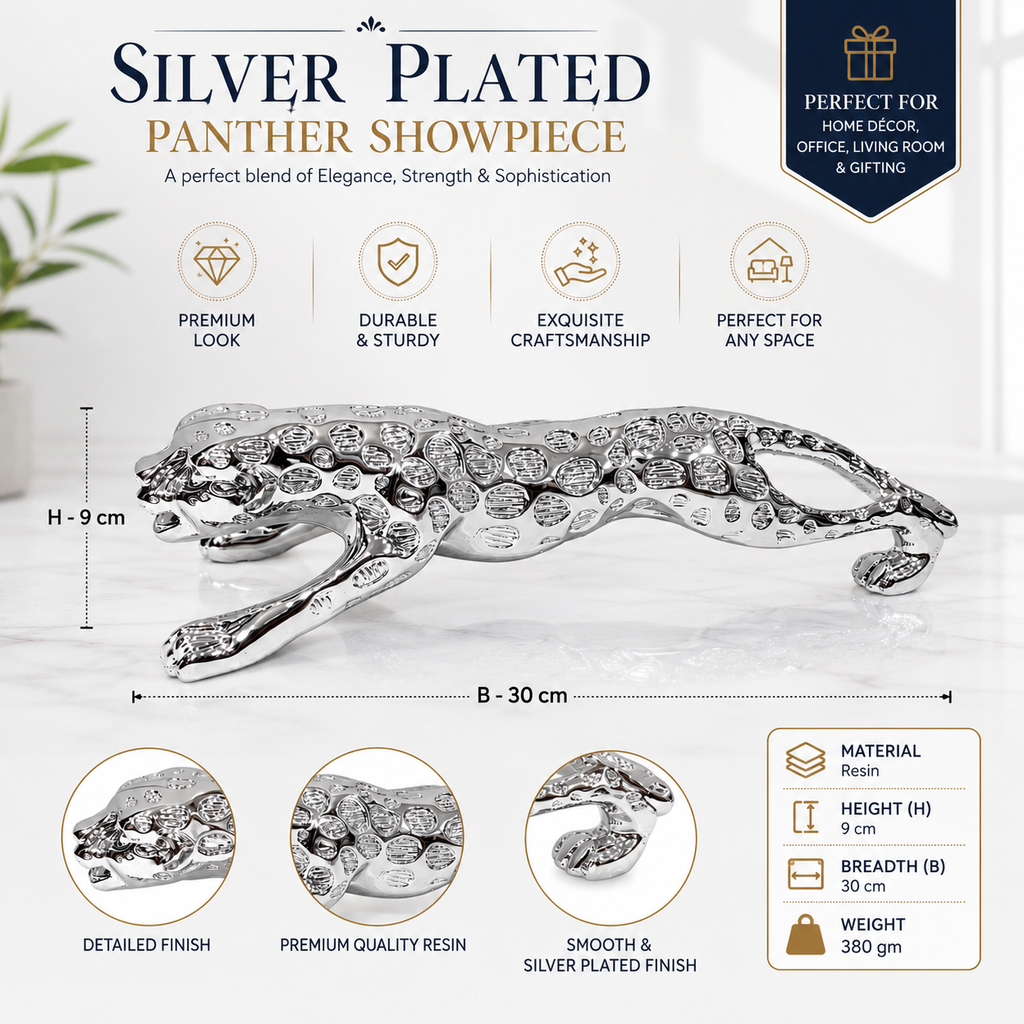Silver Plated Panther Showpiece 30 x 9 cm Resin Animal Figurine for Home Décor