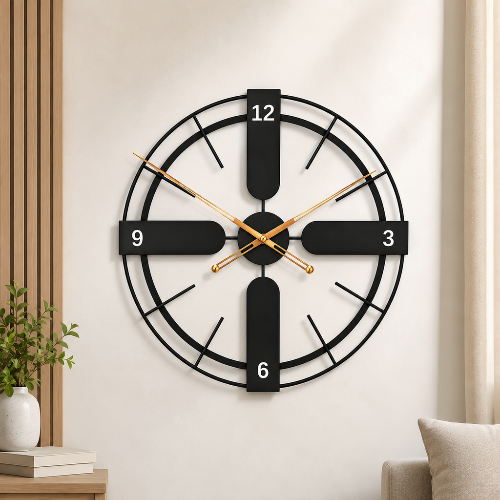 Metal Black Wall Clock 24×24 Inch, Rust-Proof Iron Modern Wall Decor