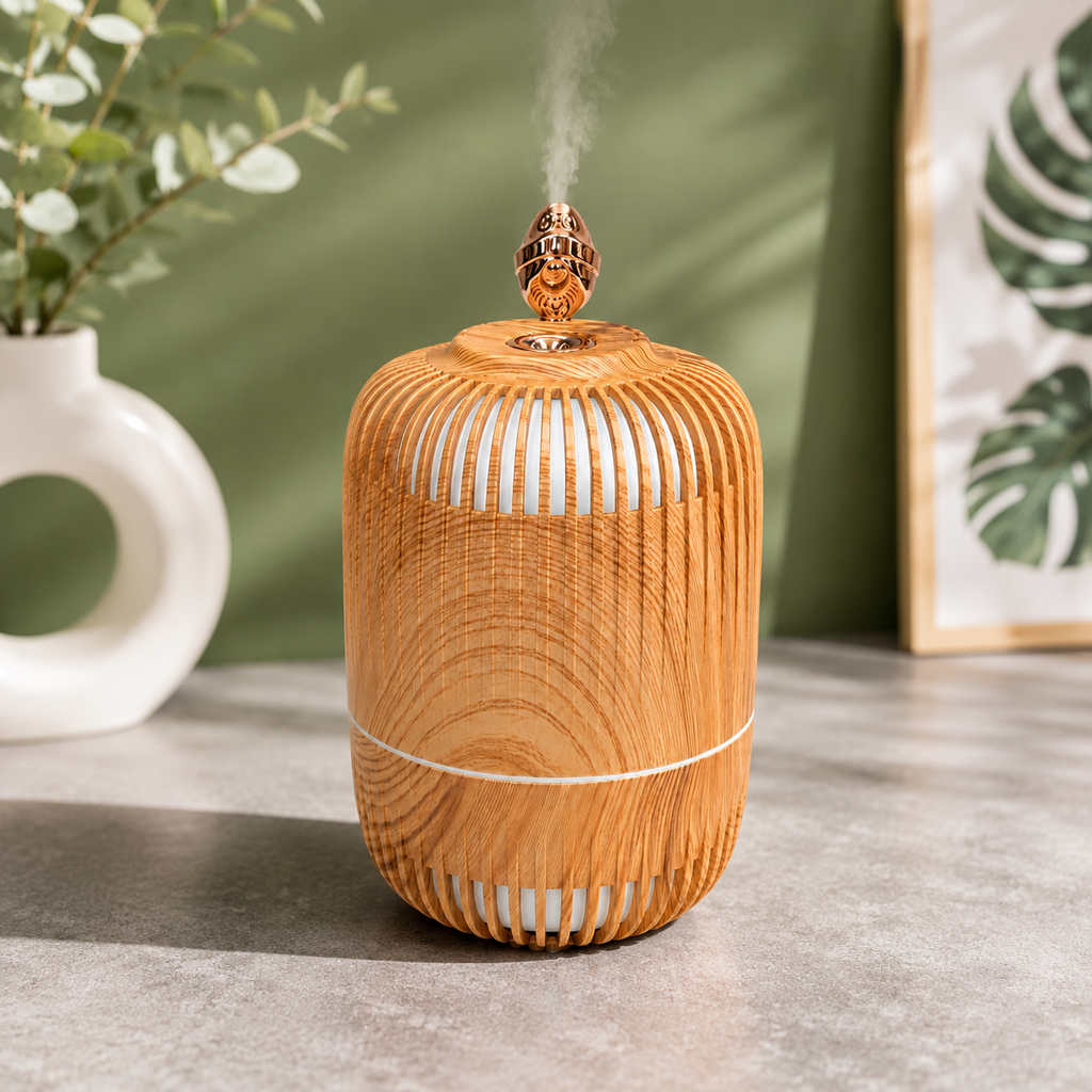 Wood Grain Humidifier with 7 LED Color Changing Light, Aroma Mist & Auto Shut-Off