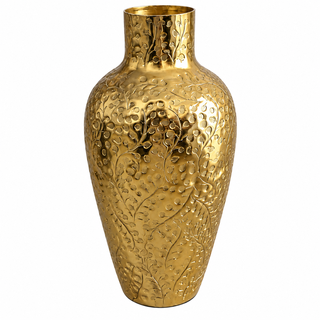 Golden Metal Decorative Vase with Embossed Floral Design – 21 × 21 × 39 cm