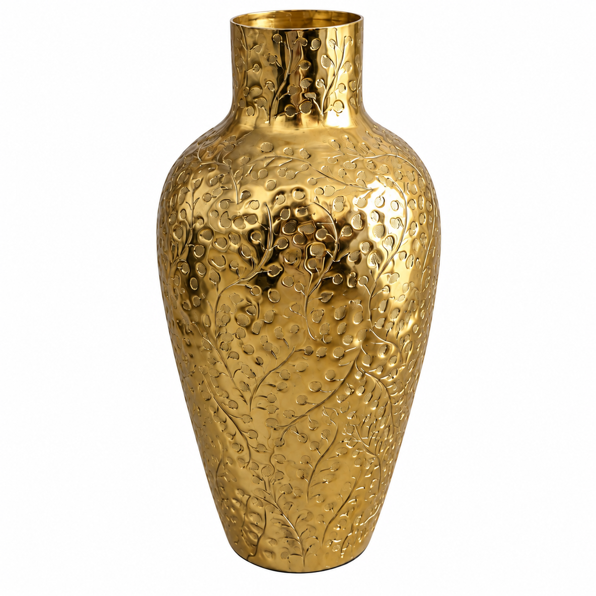 Golden Metal Decorative Vase with Embossed Floral Design – 21 × 21 × 39 cm