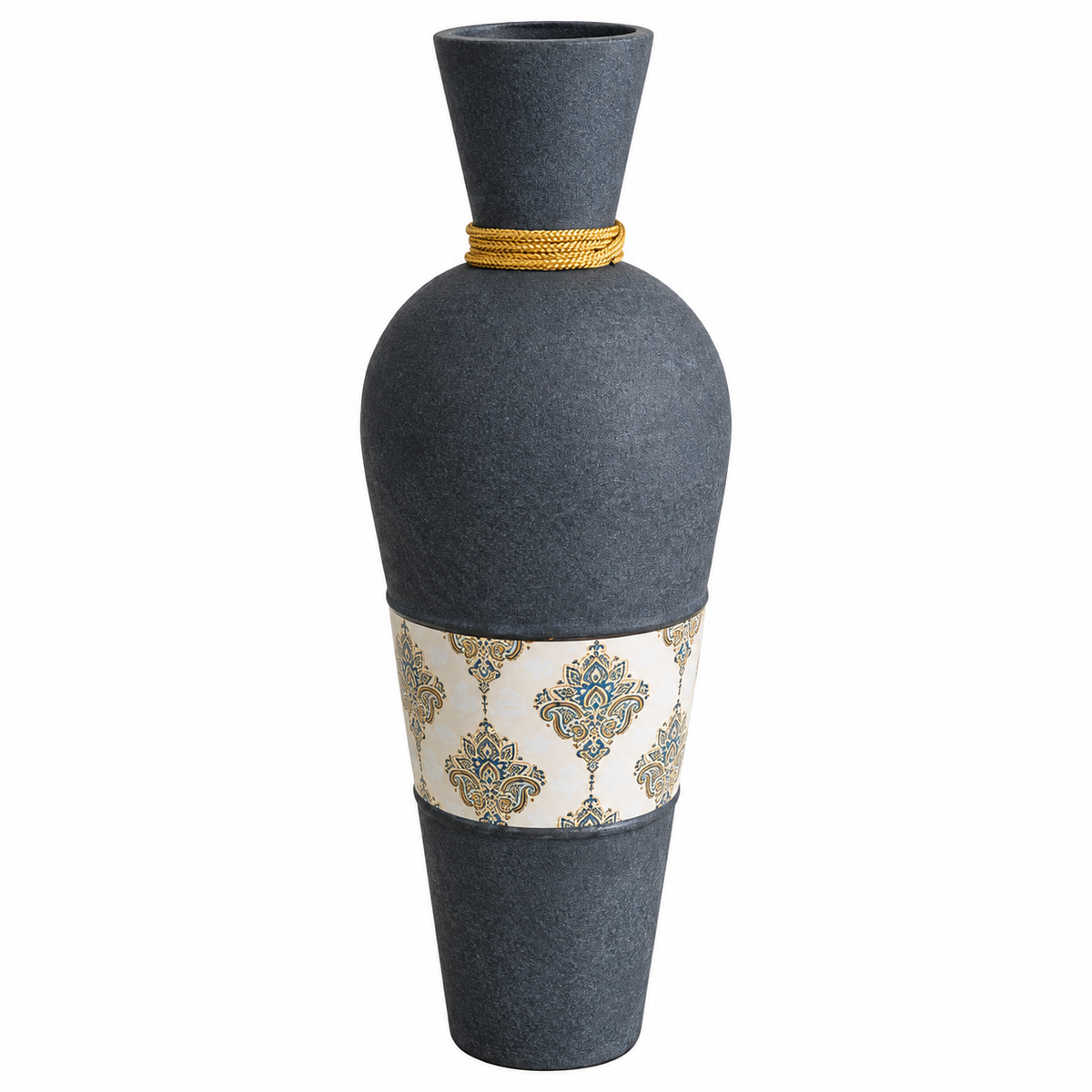 Blue Metal Decorative Vase with Golden Tassel & Premium Pattern for Home Decor