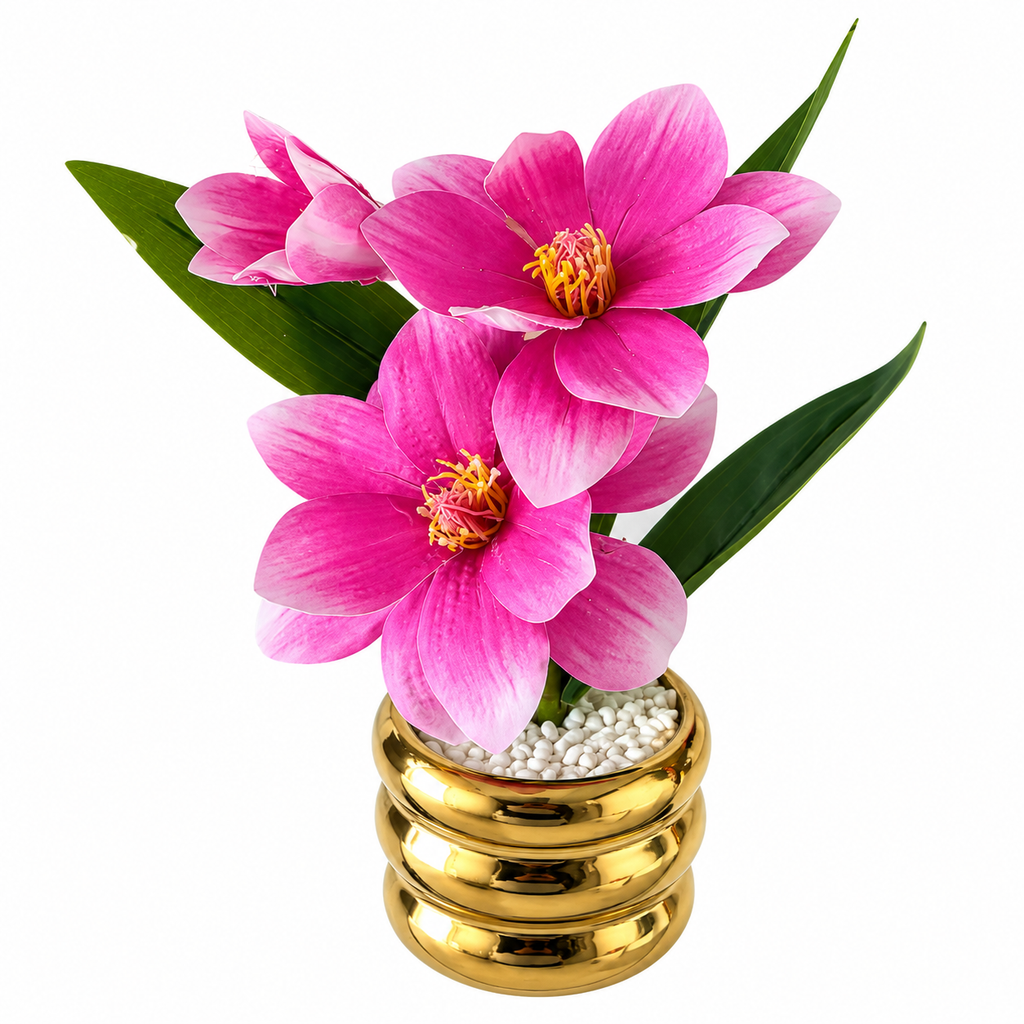 Pink Artificial Flower Pot with Golden Ceramic Vase | Home Décor