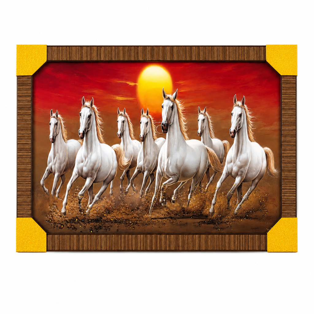 Seven Running Horses Framed Wall Painting – Premium Decorative Wall Art for Home & Office