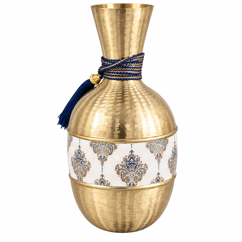 Golden Metal Decorative Vase with Blue Rope Detailing for Home & Office Decor