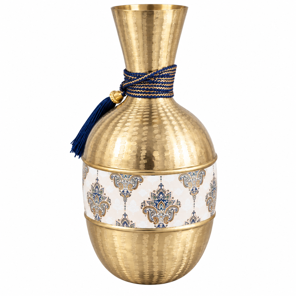 Golden Metal Decorative Vase with Blue Rope Detailing for Home & Office Decor