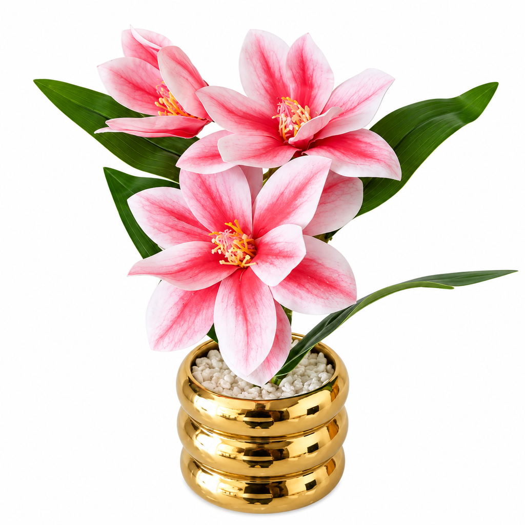 Pink Artificial Flowers in Golden Ceramic Pot for Home Décor