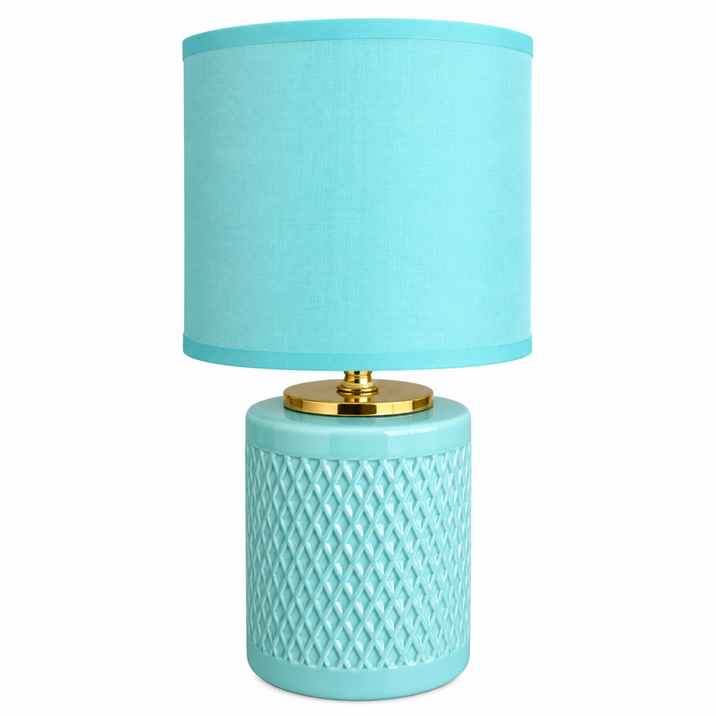 Turquoise Ceramic Table Lamp with Fabric Shade and Golden Finish