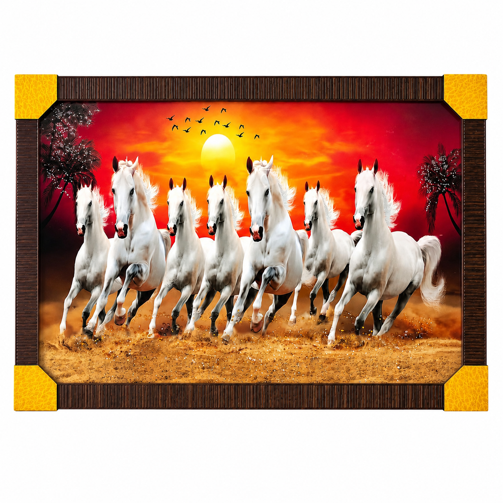 Seven Running Horses Framed Wall Painting 30 x 24 Inch for Home Décor