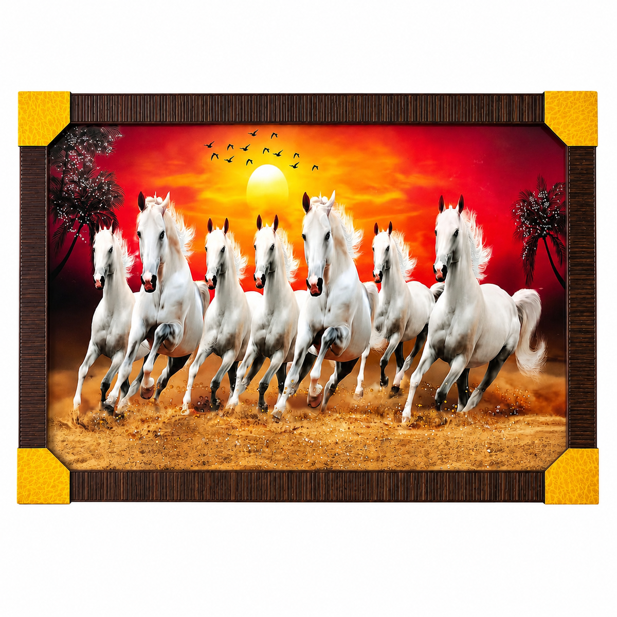Seven Running Horses Framed Wall Painting 30 x 24 Inch for Home Décor