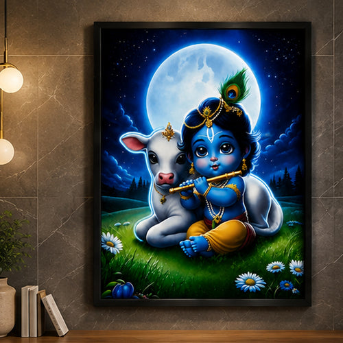 Bal Krishna Wall Painting | Cute Krishna Ji with Cow Religious Wall Art Decor