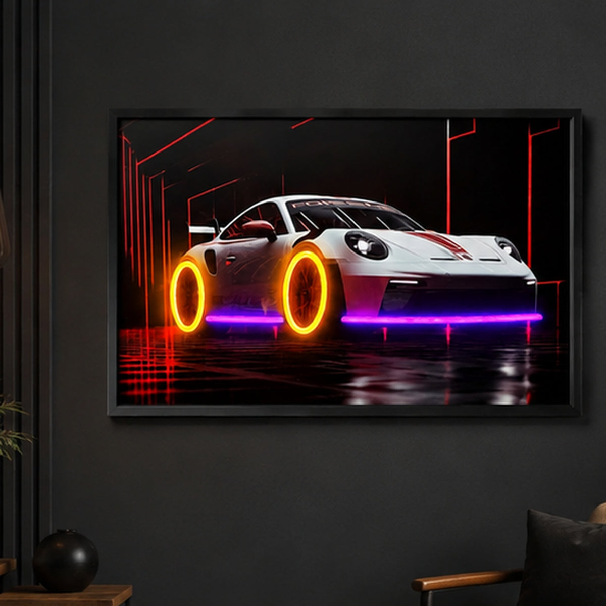 Neon Light Porsche Car Wall Painting | Luxury Sports Car Wall Art & Decor