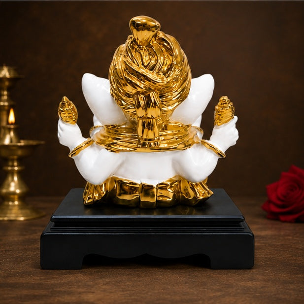 White & Gold Ganesha Statue 8.5 x 7.5 Inch Resin Idol with Black Stand