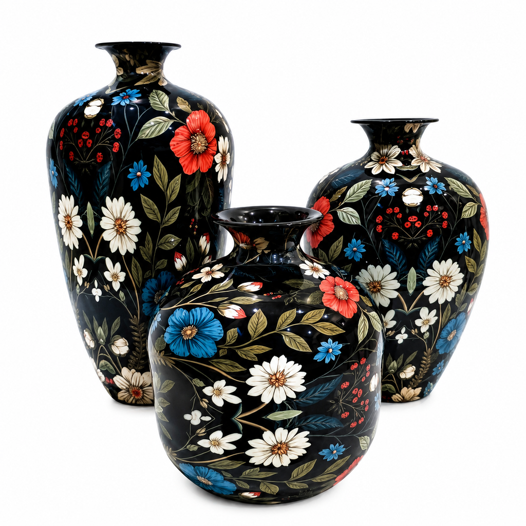 Premium Decorative Metal Vase Set of 3 | Black Floral Design Home Décor Vases