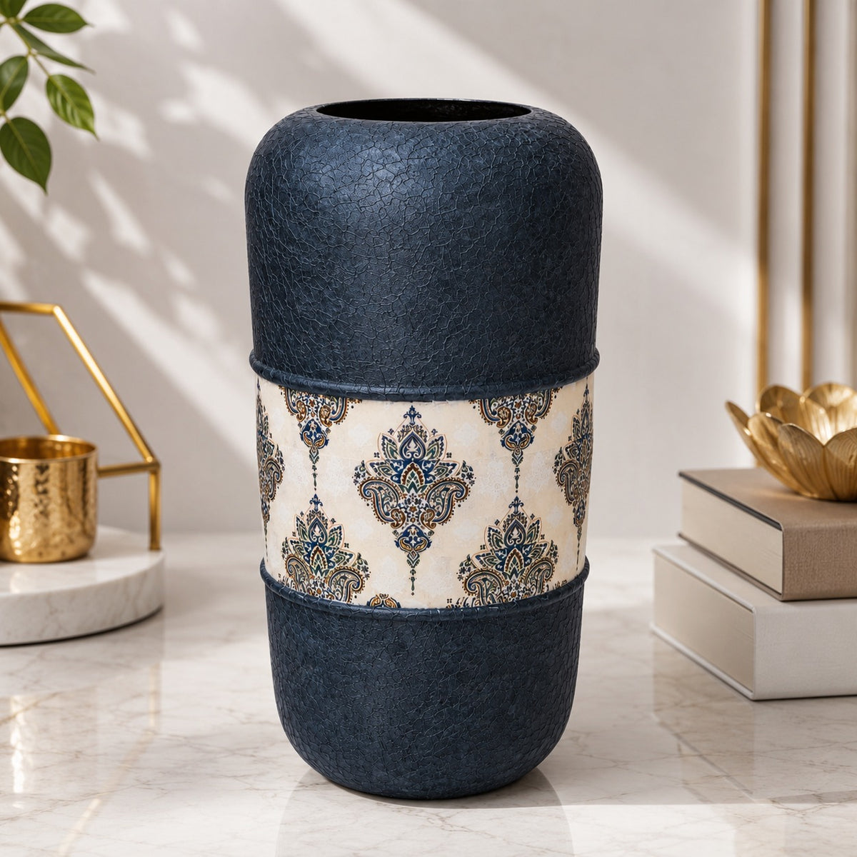 Blue Silver Metal Decorative Vase 12 x 5.5 Inch Modern Home Décor