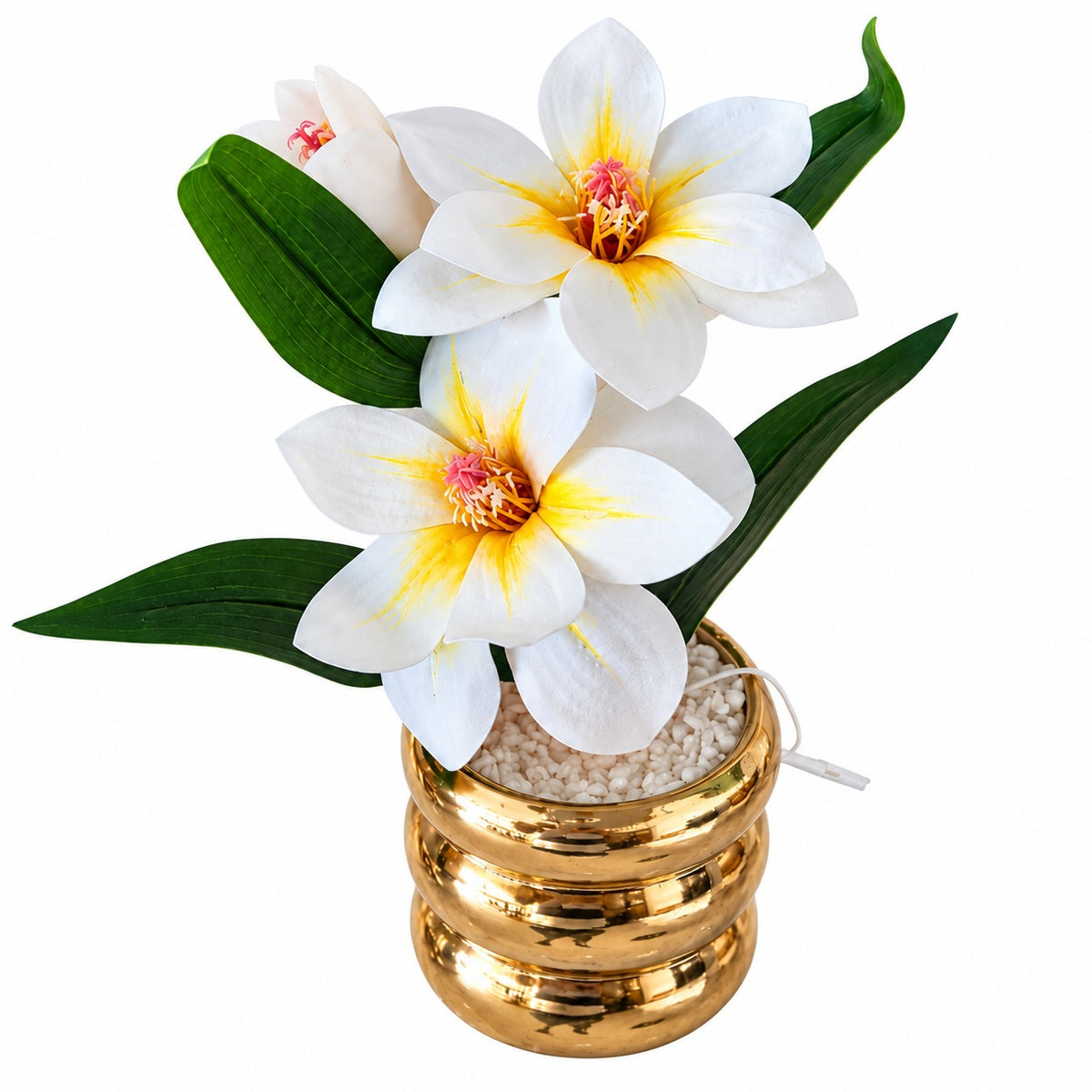 Artificial White Flower Pot with Golden Decorative Vase