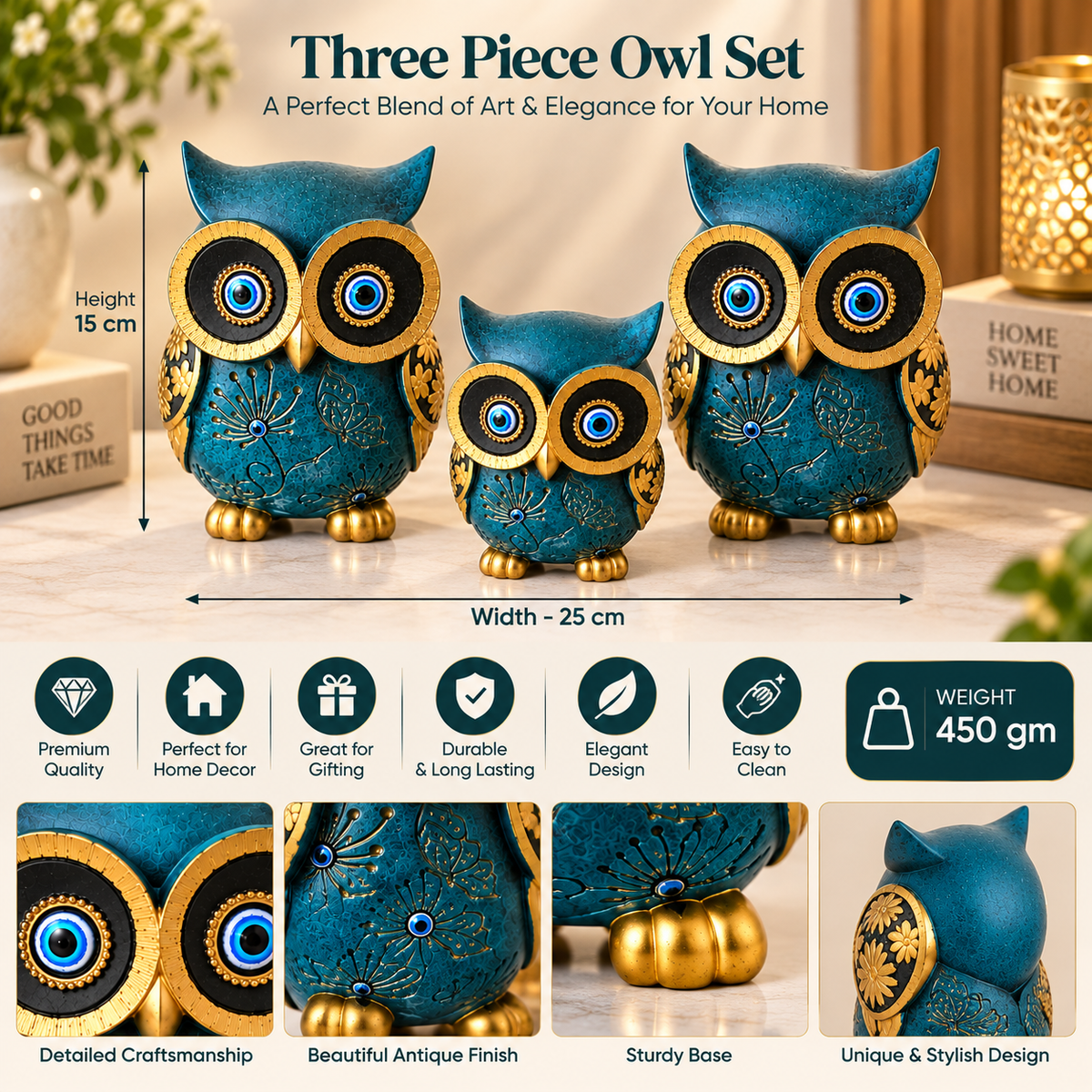 Three Piece Blue Owl Showpiece Set with Gold Detailing | Decorative Owl Figurines