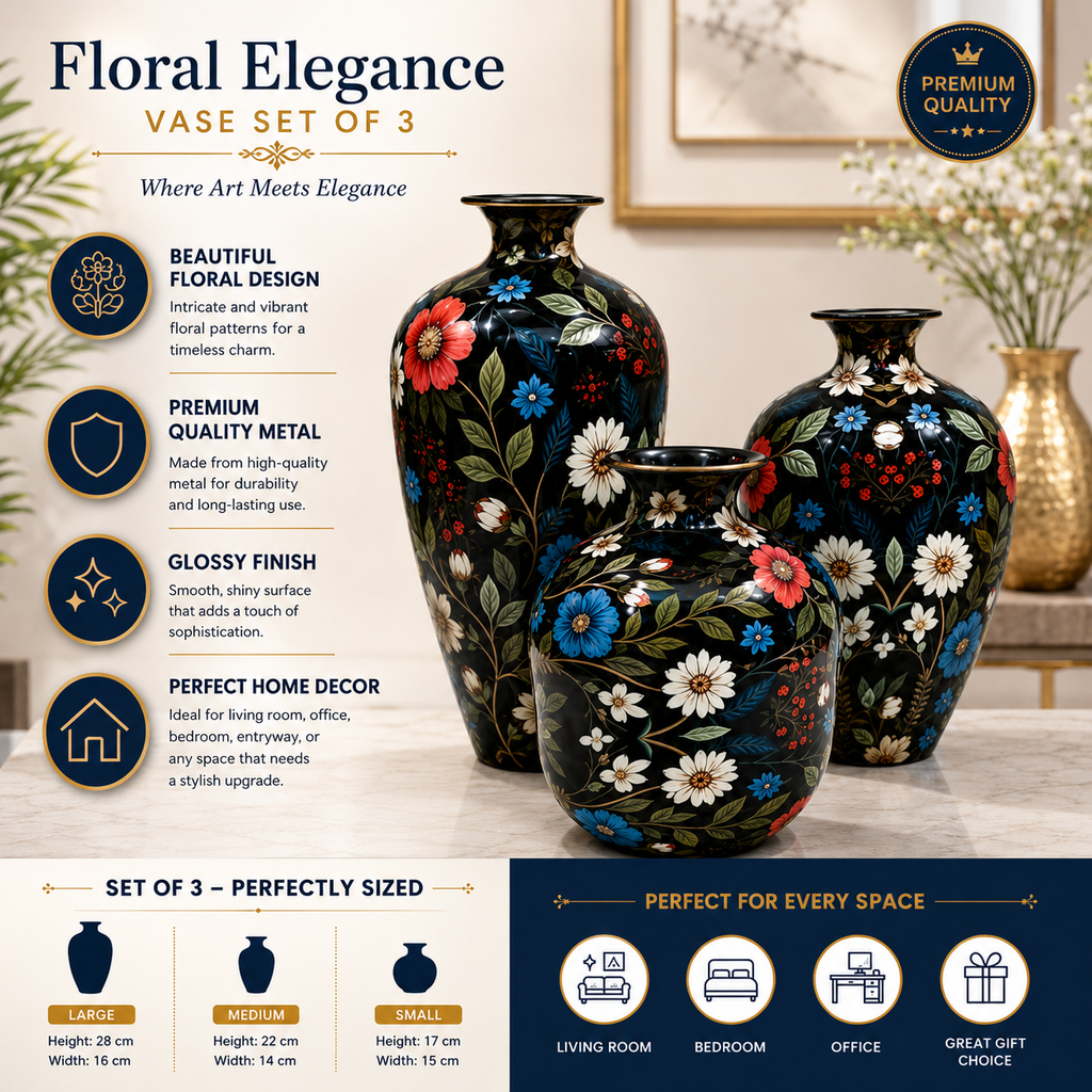 Premium Decorative Metal Vase Set of 3 | Black Floral Design Home Décor Vases