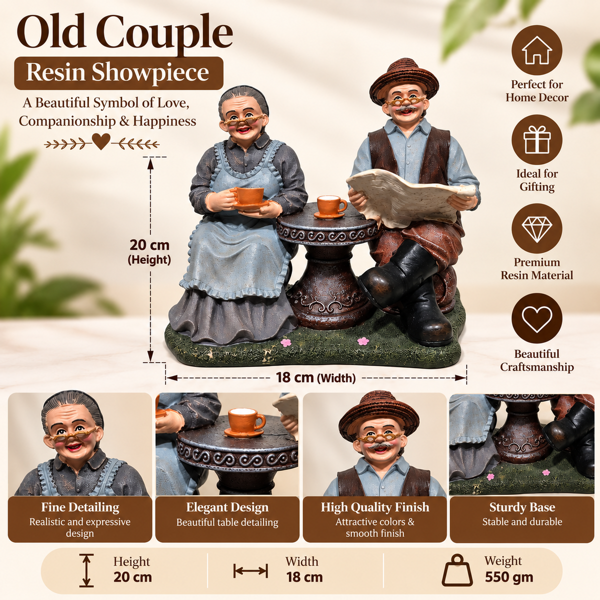 Old Couple Resin Showpiece with Decorative Table for Home Décor