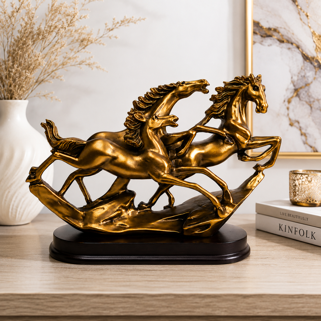 Three Horses Showpiece 6 x 6.5 Inch Golden Horse Figurine with Black Base