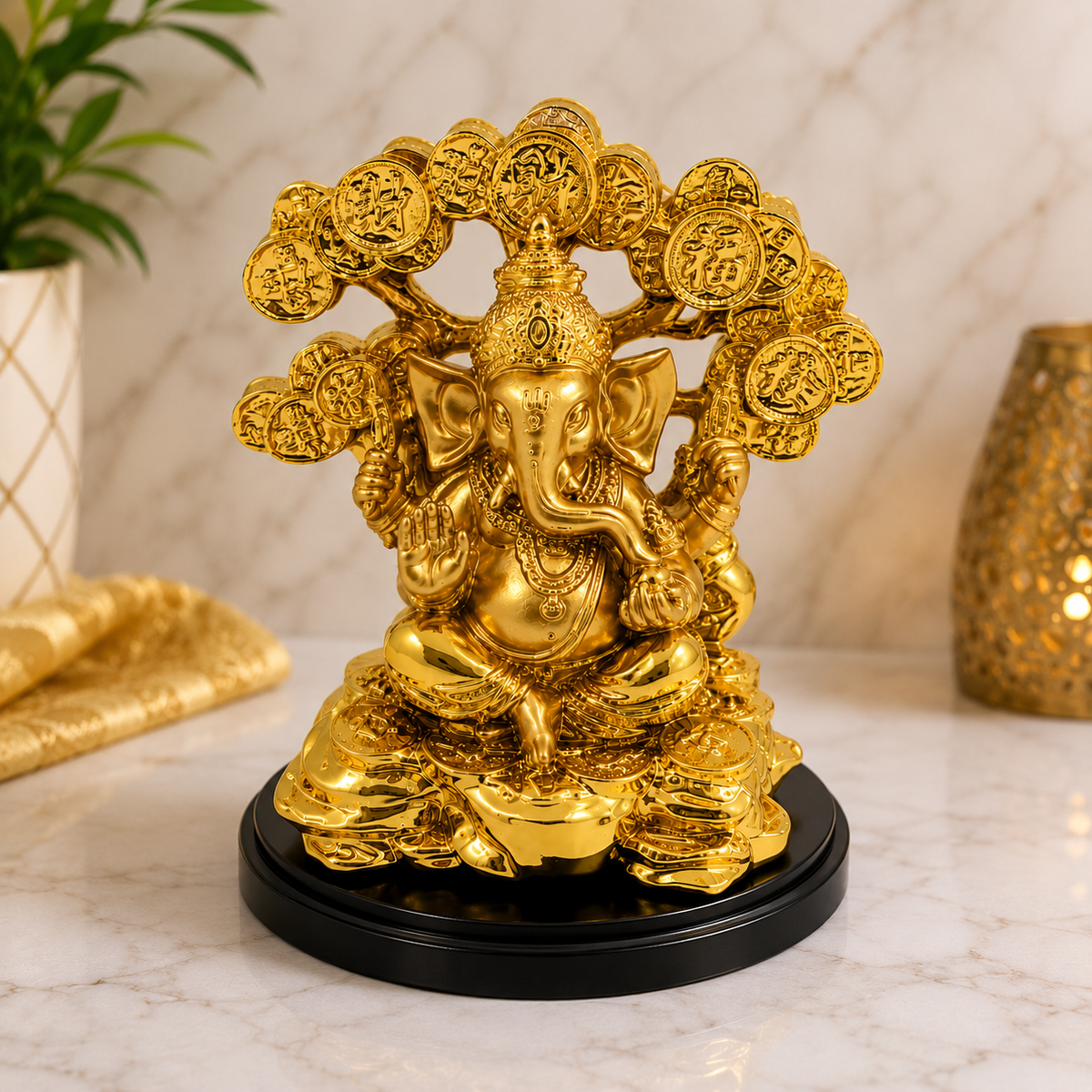 Gold Ganesha Statue Resin Idol | 15 x 12.5 cm Home Décor & Pooja Decor