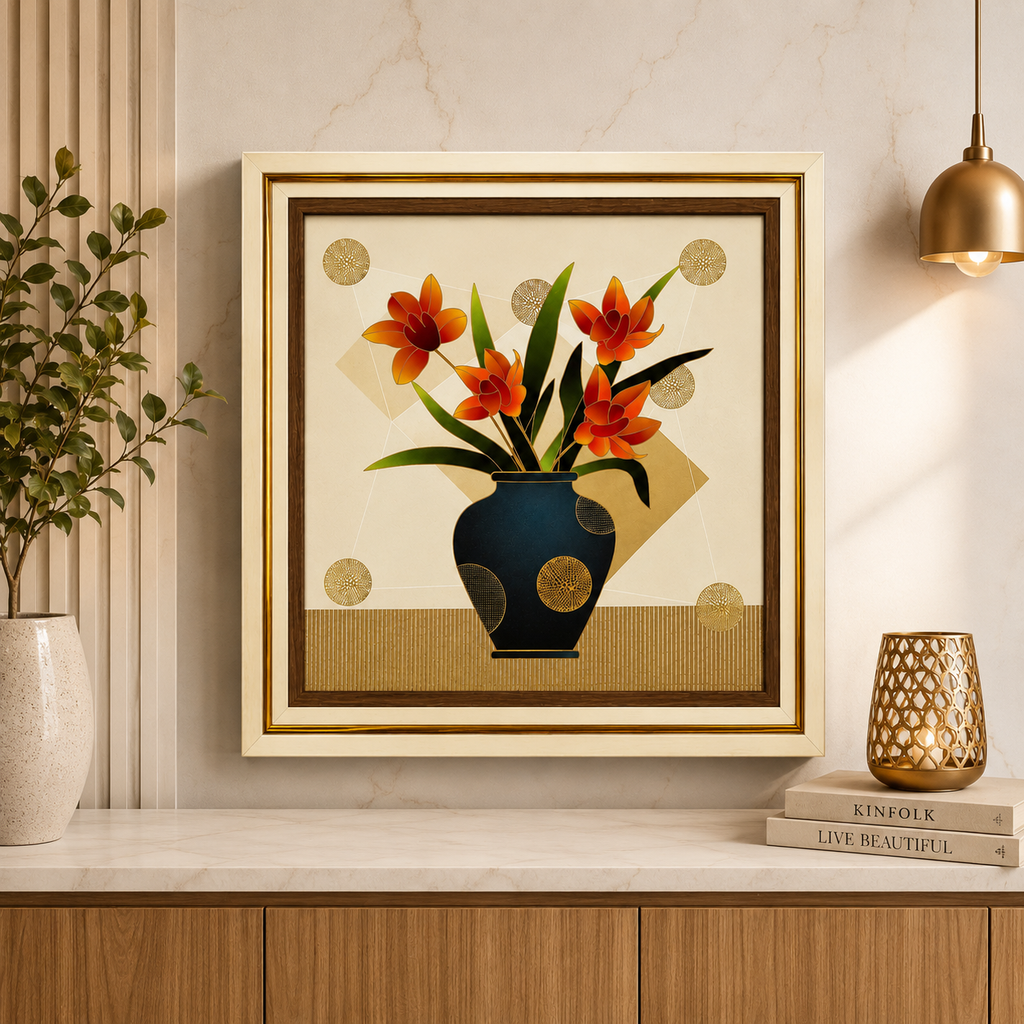 Orange Floral Canvas Wall Painting 15 x 15 Inch Framed Art for Home Décor