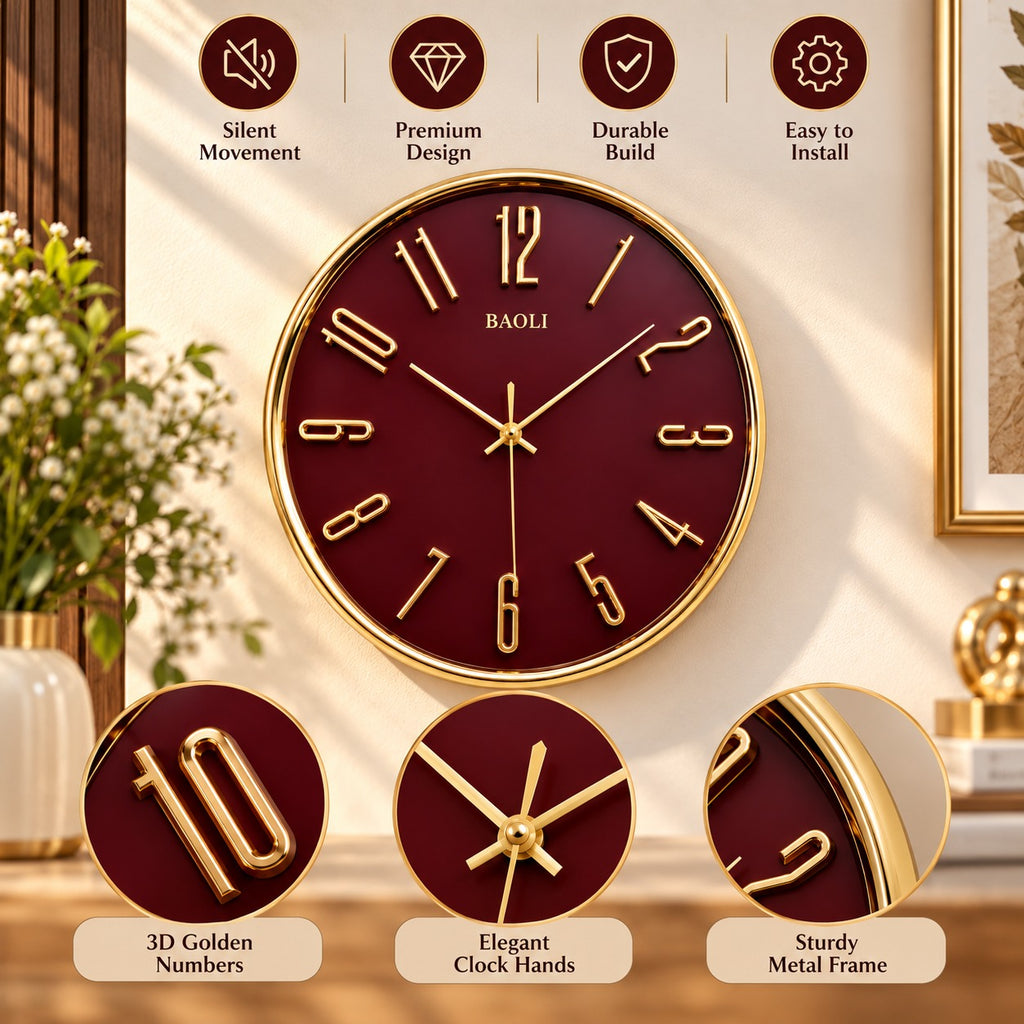 Burgundy and Golden Decorative Analog Wall Clock