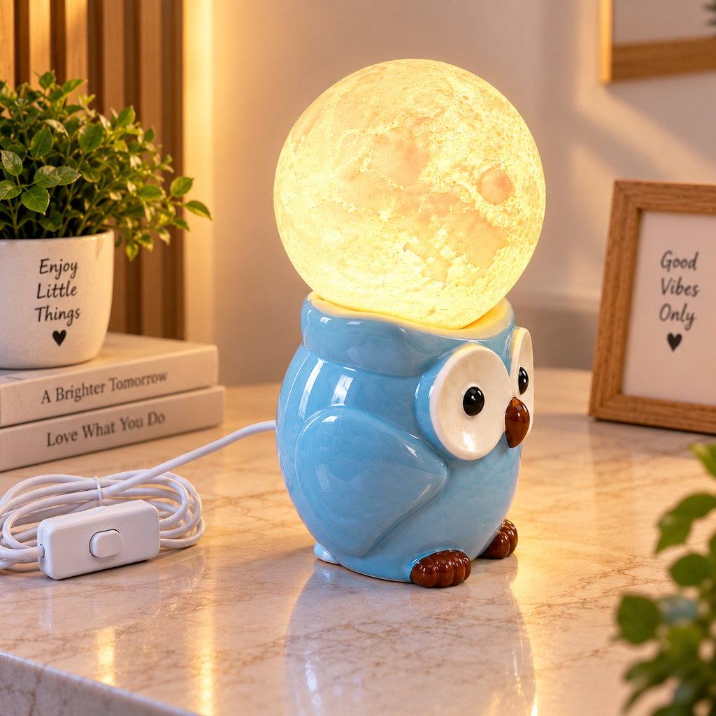 Cute Owl Moon Lamp with Warm Light | Blue Ceramic Owl Night Lamp