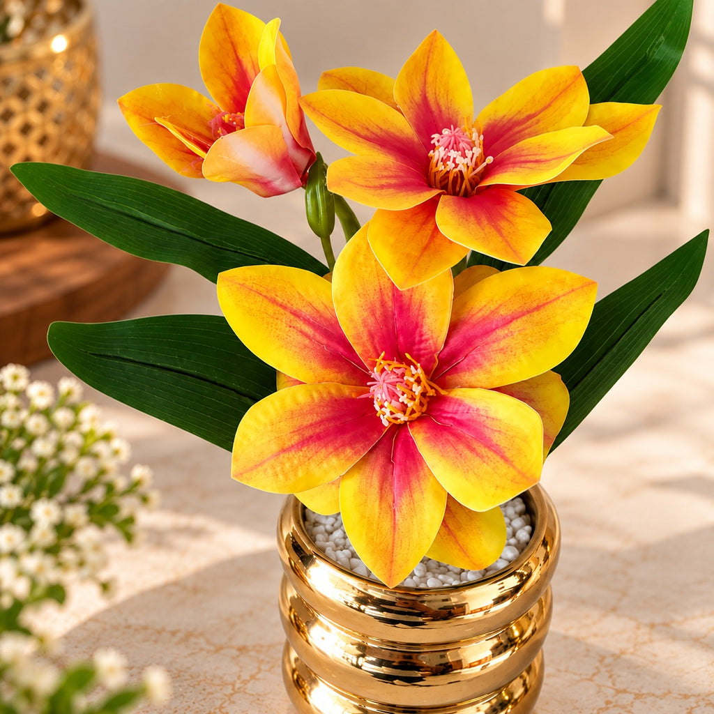 Artificial Yellow and Pink Flower Pot with Golden Decorative Vase