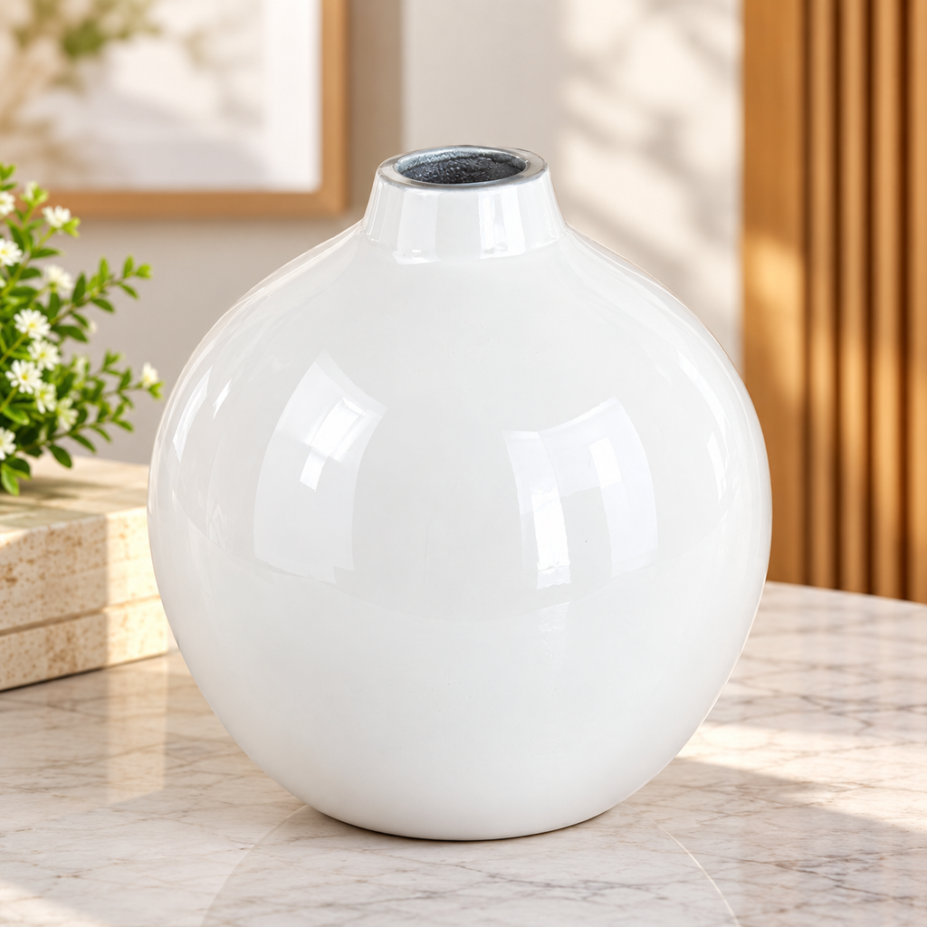 White Metal Round Decorative Vase for Home Décor