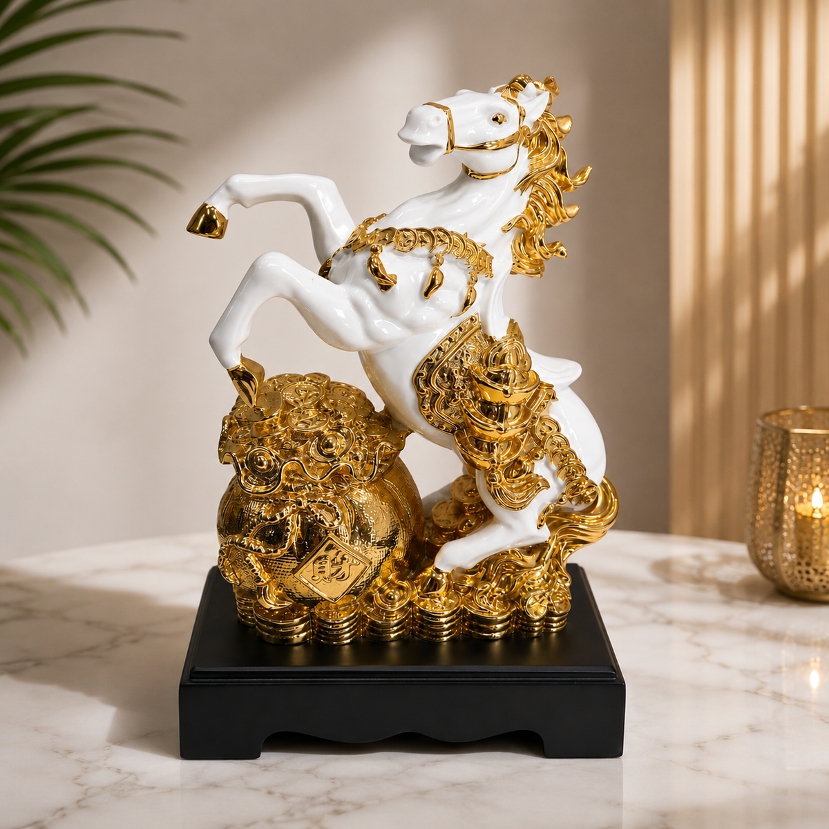 Golden & White Horse Showpiece 13 x 8 Inch Decorative Statue for Home Décor
