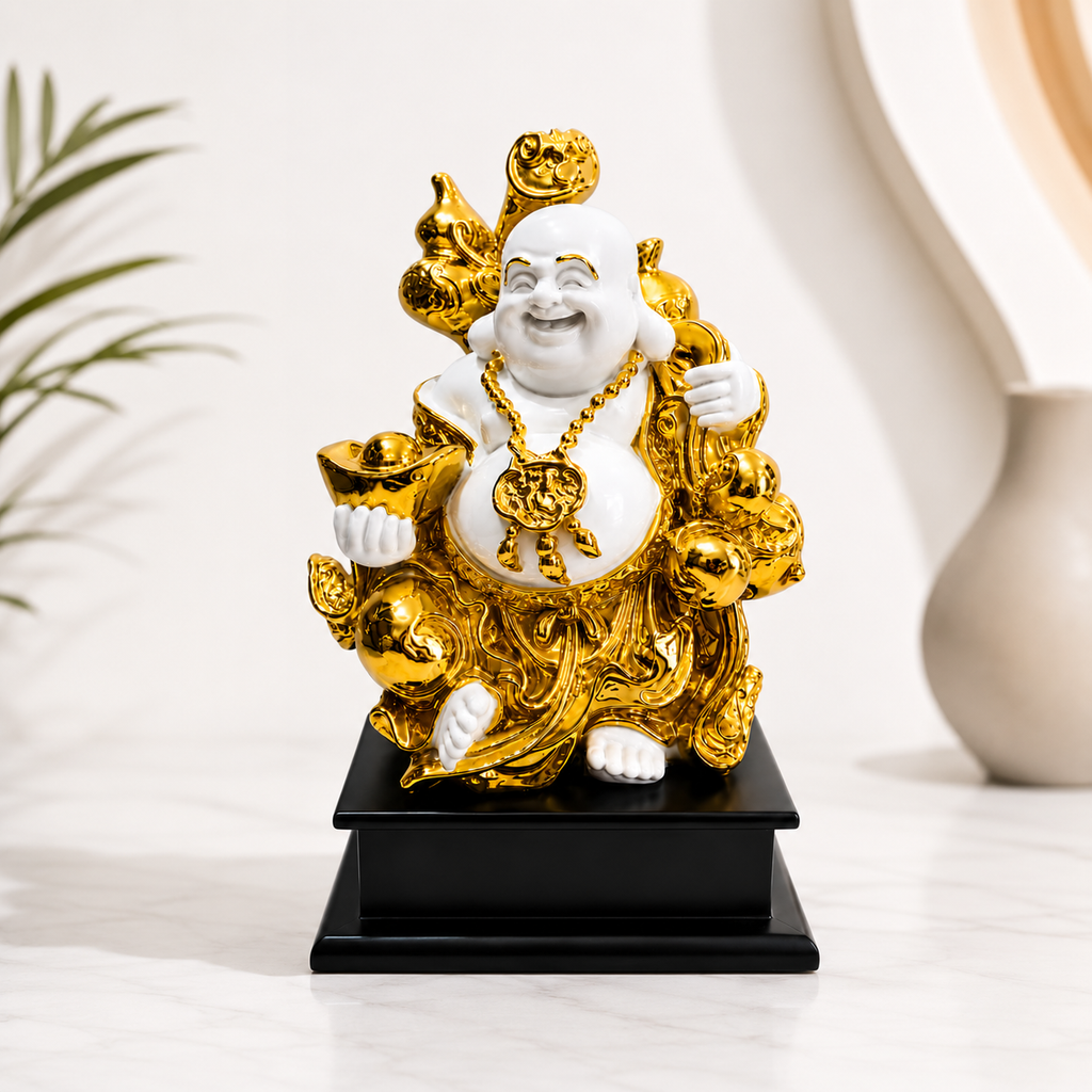 Golden Laughing Buddha Statue 11 x 7 Inch Decorative Figurine for Home Décor
