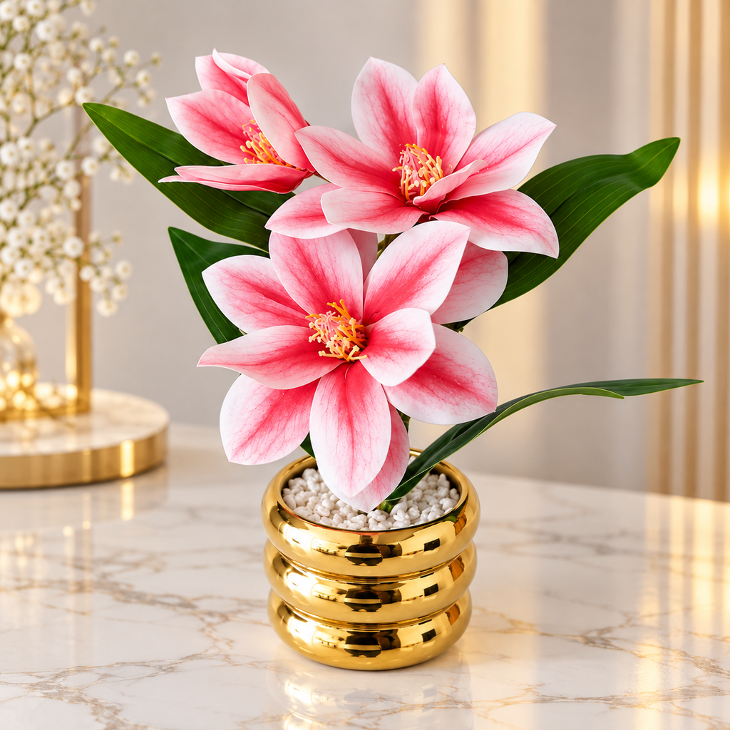 Pink Artificial Flowers in Golden Ceramic Pot for Home Décor