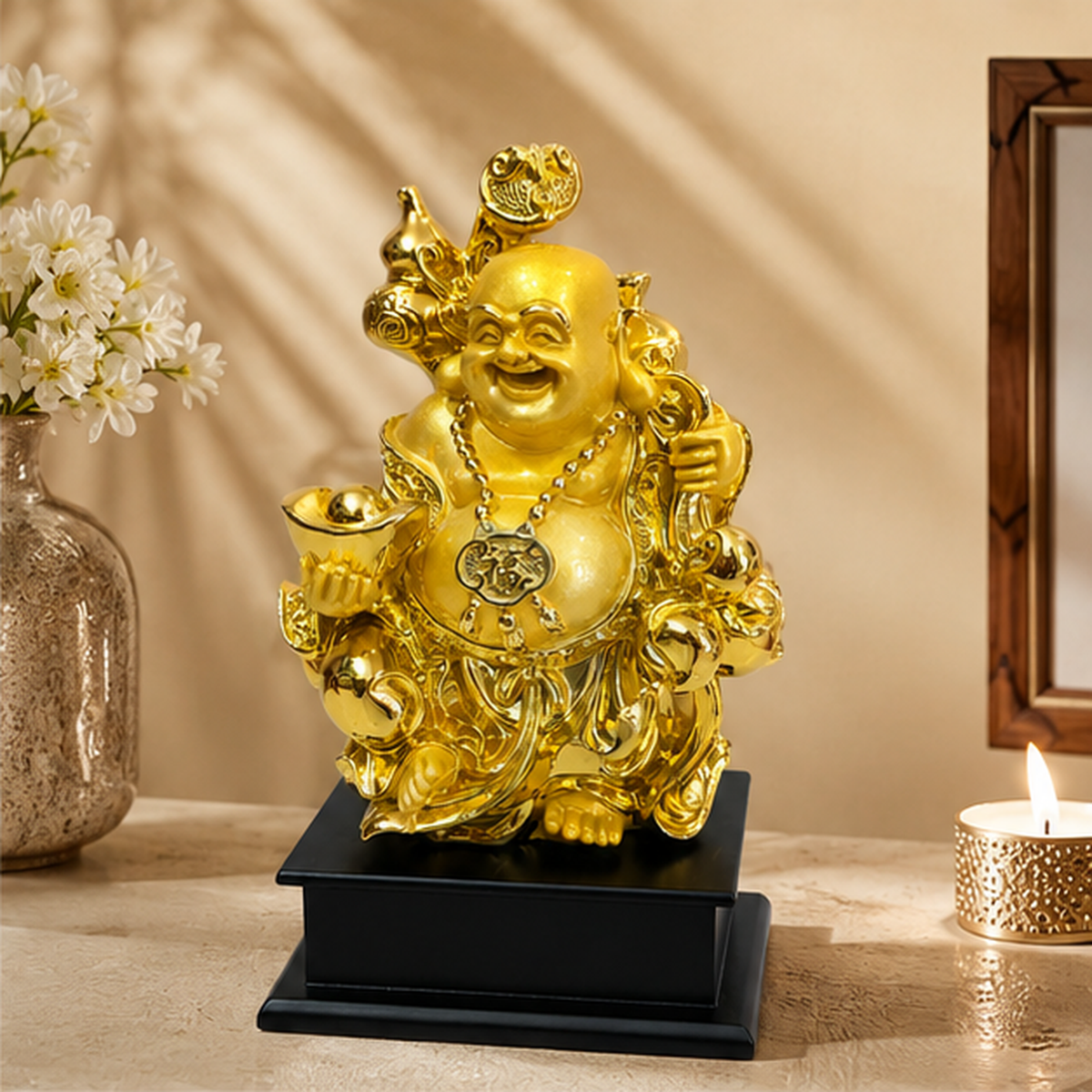Golden Laughing Buddha Statue 11 x 7 Inch Decorative Idol for Home Décor